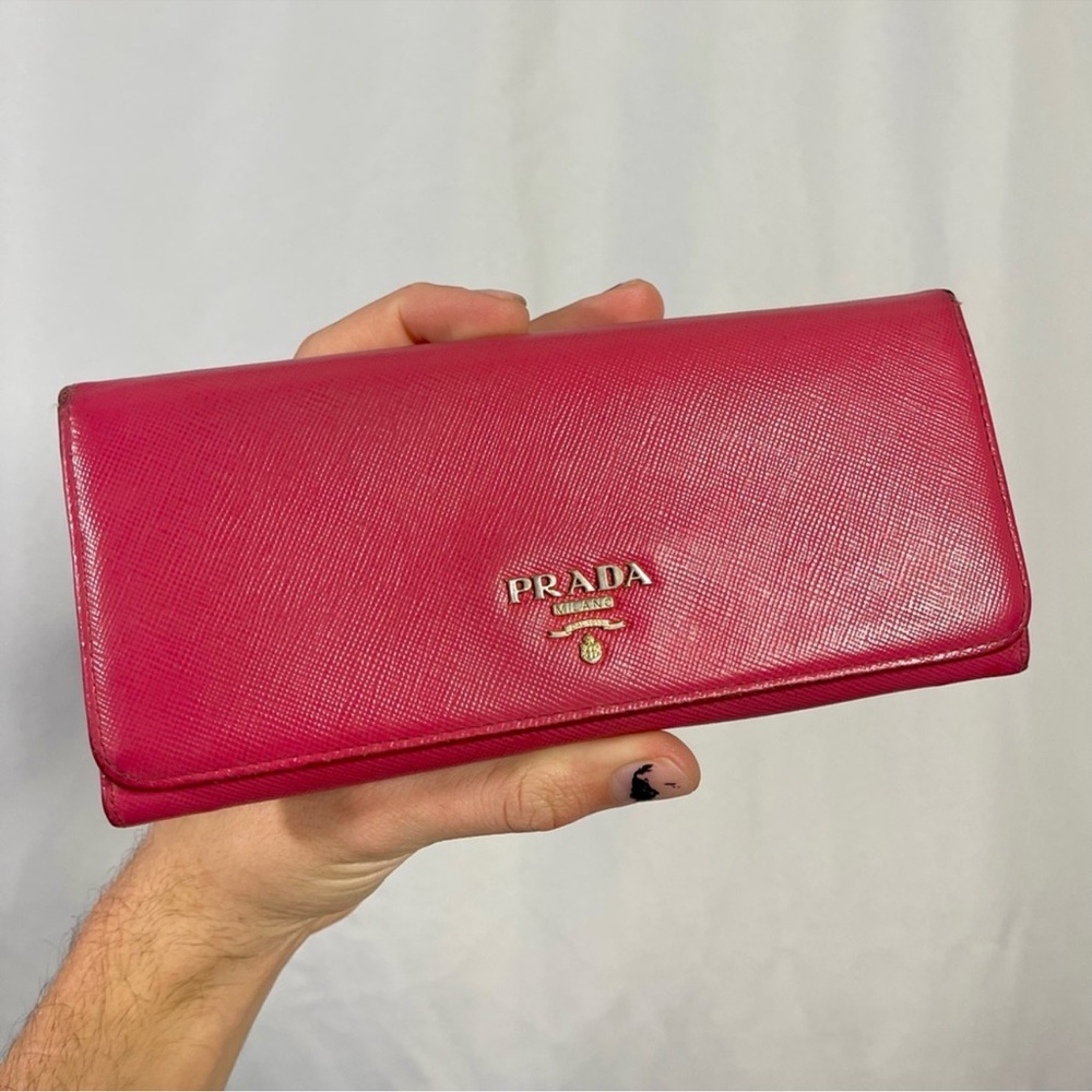 Prada | womens large hot pink saffiano leather flap snap-button closure wallet - Picture 2 of 10